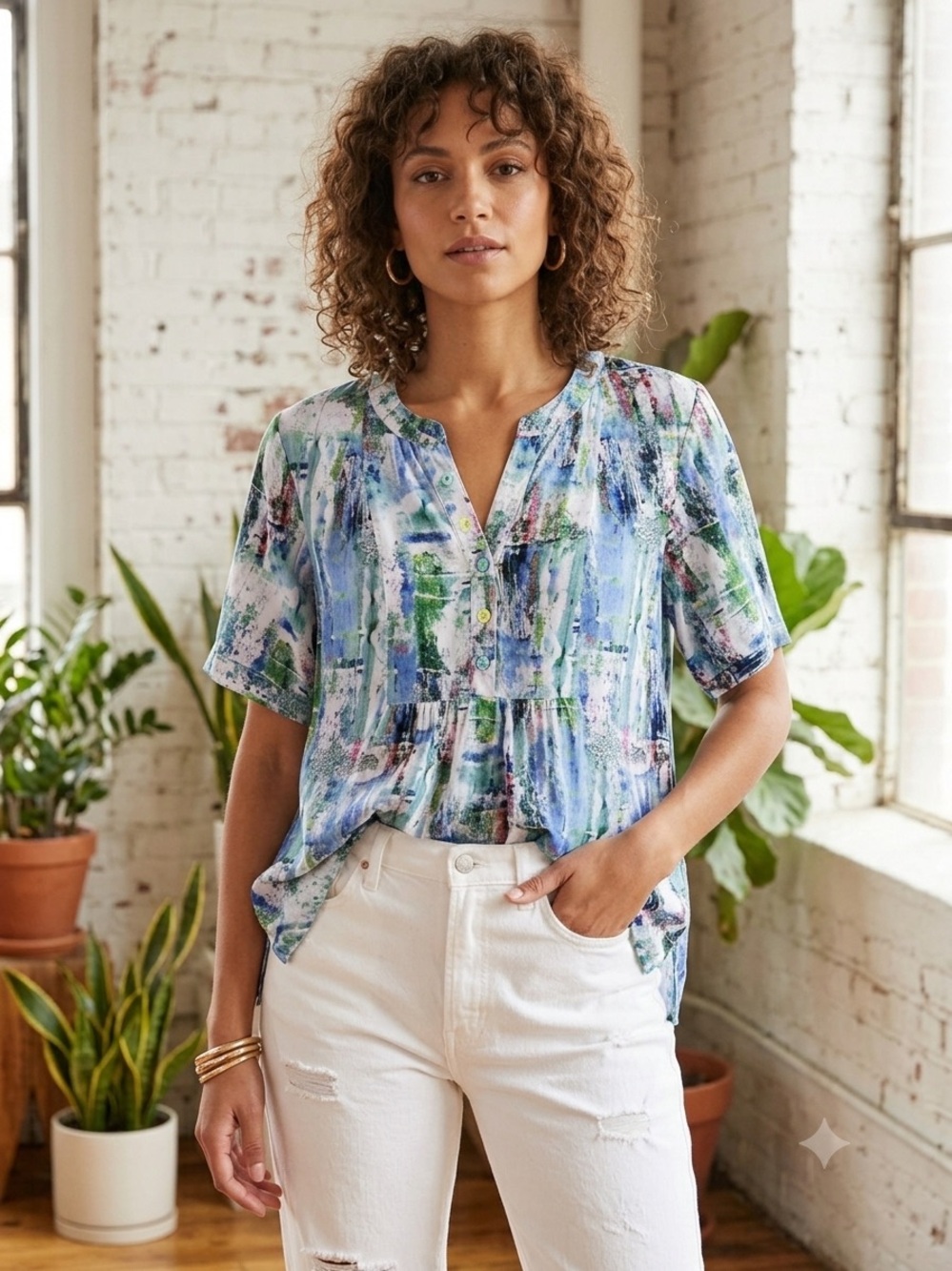 Ethyl Clothing Abstract Watercolor Art Top Boho Blue Green Medium